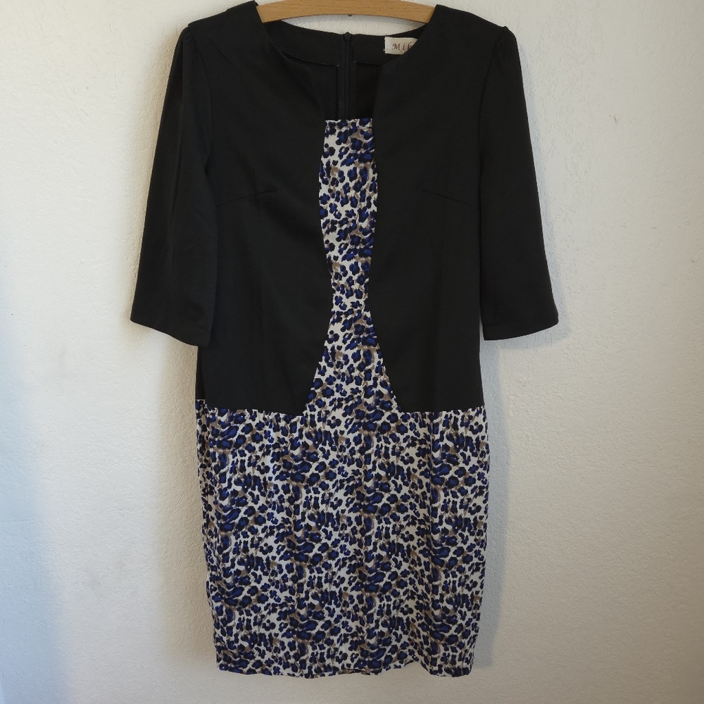 Mike Is Vintage Belt Midi Dress Women's Black Blue Animal Print SizeXL 3/4Sleeve